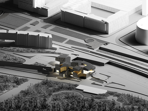 Rendering of an architectural model set in a black and white landscape