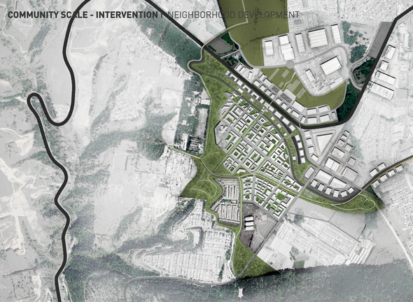 plan of overall intervention including neighborhood design and green armature connecting larger ecological network