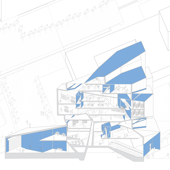 A section drawing of the building showing school, theatre, commercial and archive spaces.