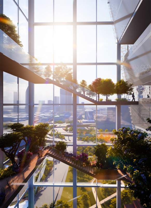 Interior view of the conservatory filled with trees with city view in the background