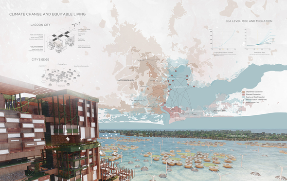 Rendering of a multi-story structure built over water overlaid with a map
