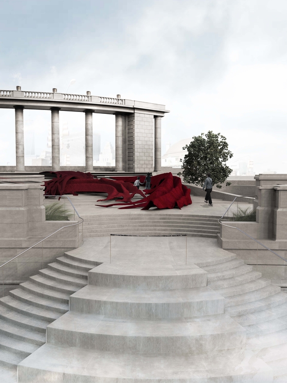 View showing stairs ascending to colonnade with red fabric draped on the stairs.