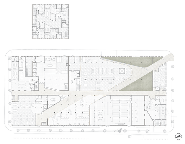 floor plan, long diagonal cut through on ground floor, large public space in center and garden 
