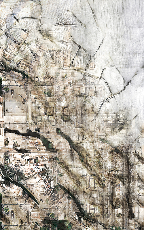 Speculative landscape conditions that merge elements of the Los Angeles landscape with AI imagery