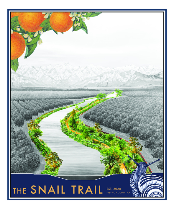 Aerial view poster of the Snail Trail cutting through Fresno's Citrus Orchards along a water canal