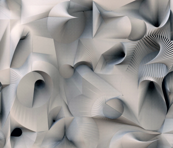 Rendered image showing curvy striated forms