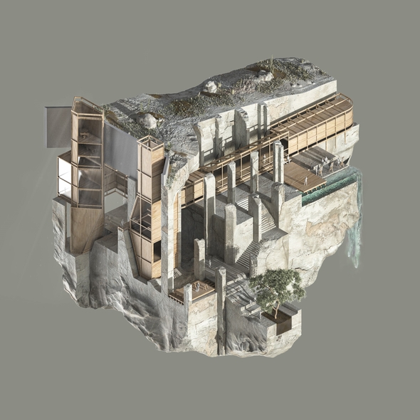Axonometric fragment of site showing inlay of architecture within mine. 