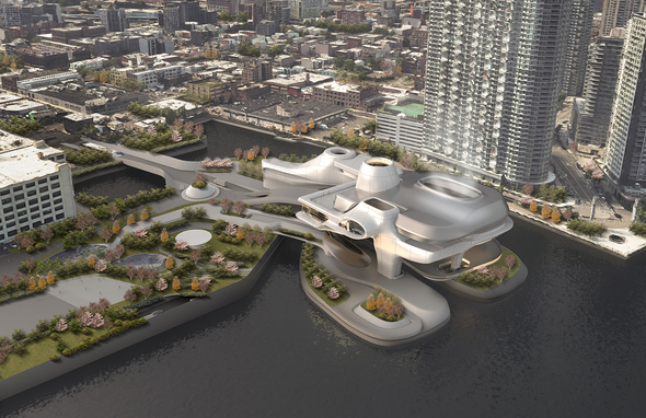 Rendering of proposed building with swooping lines set on the water