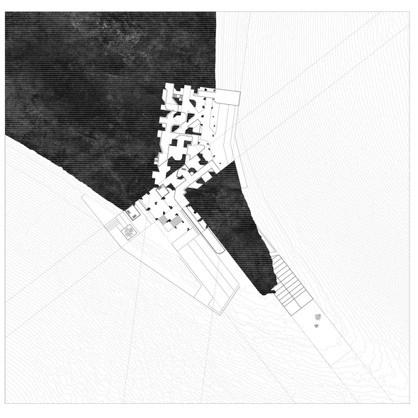 Plan drawing of excavated site and barn inspired assemblies inlayed within. 