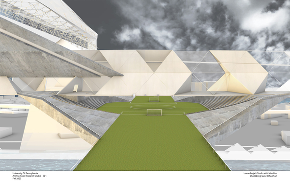 Rendering of a building that bridges a river with terrace with playing fields
