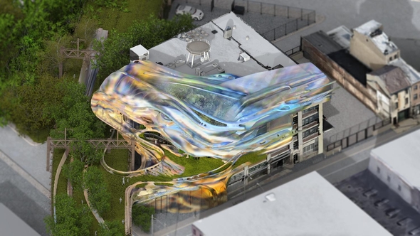 Aerial view render of proposed project in organic shape wrapping around pedestrian bridge and existing building