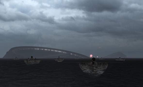 Render of proposed project showing an open body of water with large circular structures on the horizon, figures on small boats