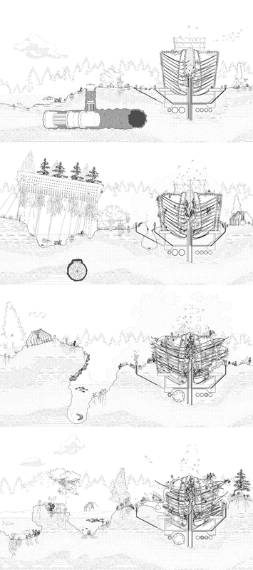 The new nature is demonstrated through a progression of section drawings of the remediation site.