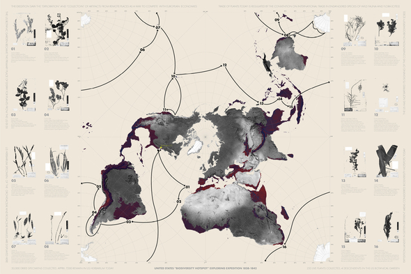 Map of United States Exploring Expedition in 1838 overlaid with present biodiversity hotspots