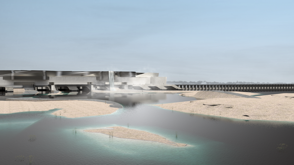 View from the back of the bonnet carre spillway, when it is opened and creating a flooding landscape. 