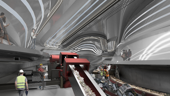 Interior render of proposed project showing conveyor belt 