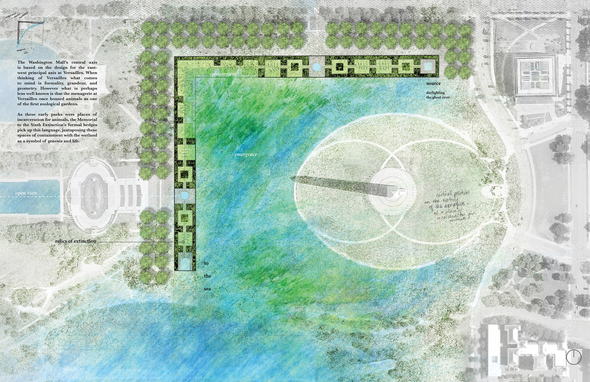The Memorial's formal hedges juxtapose spaces of containment with the wetland as a symbol of gensis and life