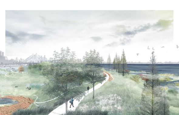 Rendering of a park set next to water with a winding path and trees