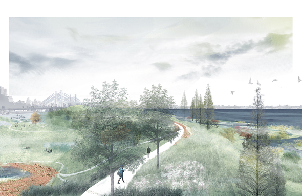 Rendering of a park set next to water with a winding path and trees