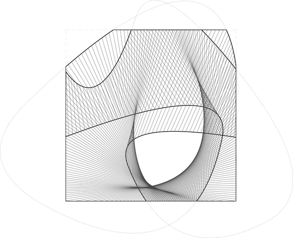 Plan drawing indicating volume created by rules surfaces (hot wire cutting). Rails indicated as dashed lines. 