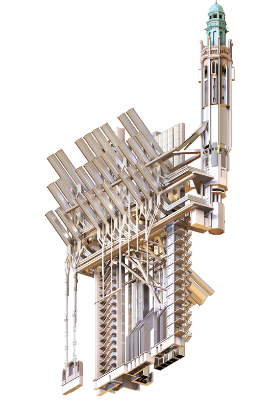 Chunk rendering of part of a building showing older tower with high tech intervention