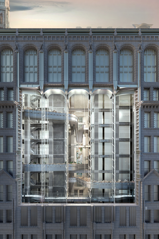 Rendering of an Art Deco building with cutaway view of new high tech intervention