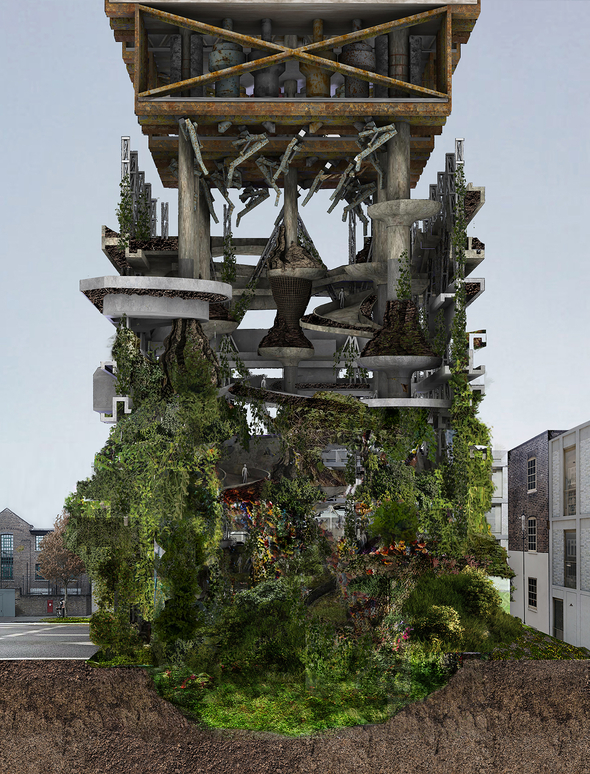 Rendering of a mechanical structure covered in plants