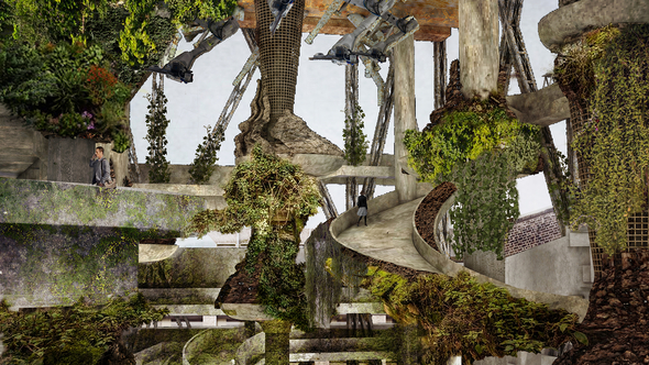 Rendering of a structure open to the air with curving ramps covered in plants