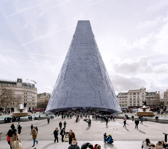 Rendering of a large cone-shaped structure set in a public plaza
