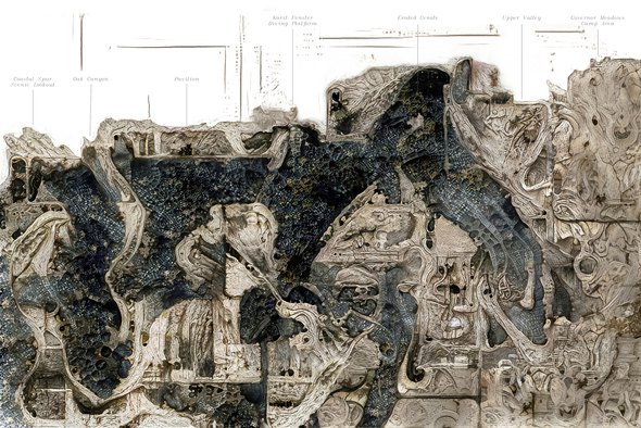 Site section revealing geological formations created from pathological effects.