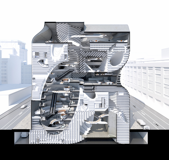 The section drawing shows the functional relationship among floors of the Hub.