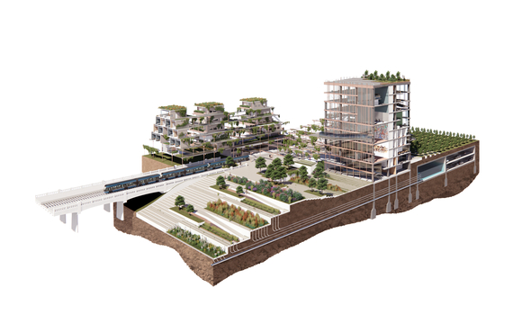 DNA Slice: a sectional moment of the project, illustrating manipulations to both the river levee and former jail