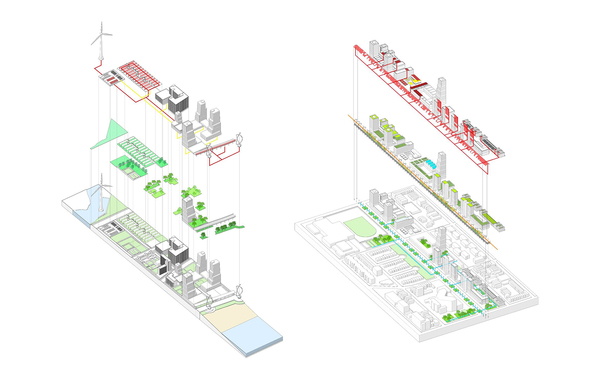 Schematic rendering showing different features of a city street