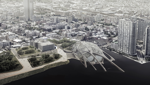 Aerial render of proposed project on the edge of water