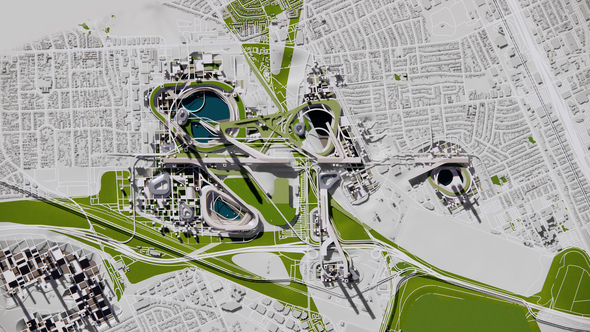 A plan render showing combinatory urban design in a pits cluster in Irwindale, California.
