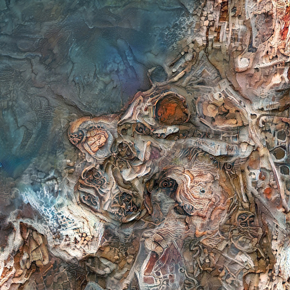 Aerial rendering of a complex structure that resembles geological samples