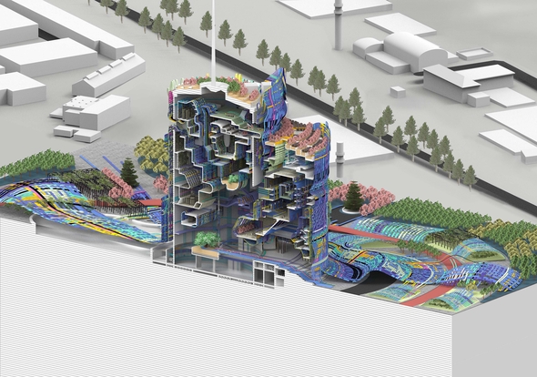 Pixel-like section with vertical farming and water circulation system