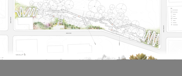 The masterplan shows the regrading and replanting area with the elevation shows how time will impact the scene.
