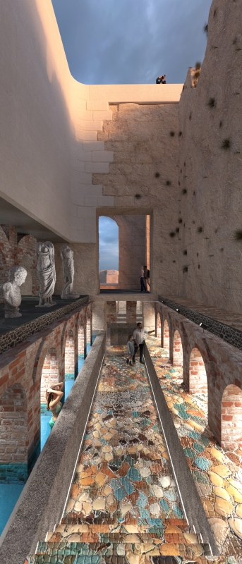 A hypocaust viewing experience is programmatically hybridized with the Roman cold pool, creating a layered spatial encounter between ancient thermal infrastructure and contemporary intervention.