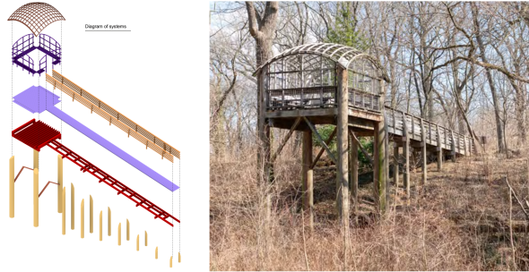Left: Diagram of the structure’s components. Right: View of PITT west and south elevations, looking east.