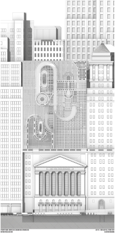 Elevation for wall street of New York Stock Exchange and new digital mining studio of its roof 