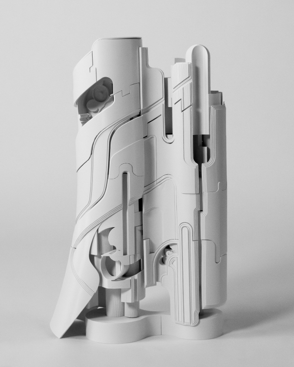Architectural model with layered, interlocking curved forms and concealed internal spaces.