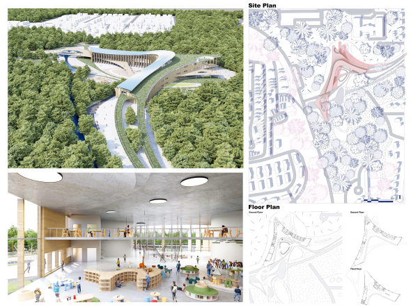 Presentation board featuring rendered aerial view, interior perspective, site plan, and floor plans of a Y-shaped primary school nestled in the forest. The design blends with topography and emphasizes natural light, flexible learning spaces, and ecological site integration.