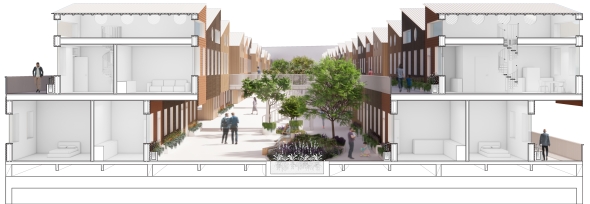 Section perspective of housing development in triangle of Home Basin