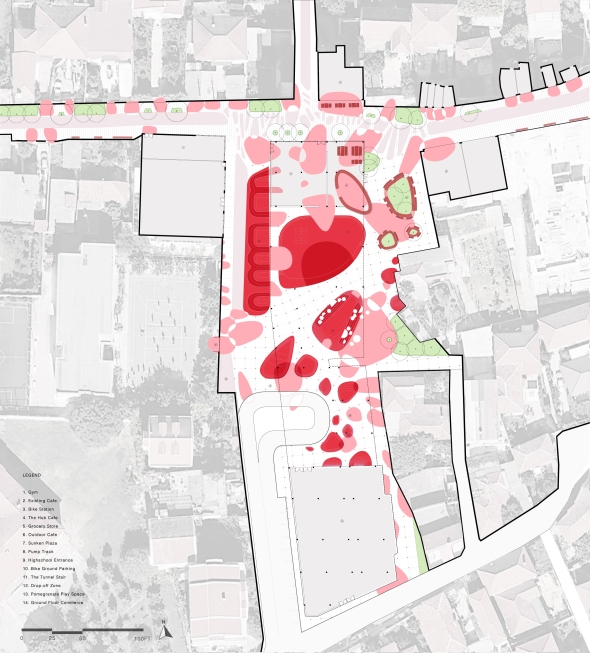 Inspired by pomegranate, one of the most common and culturally important tree in Shkodër, Albania, the newly opened ground public space emphasize on pedestrian experience with graphic design, turning 2D graphic into 3D installation, providing ludic experience for community.