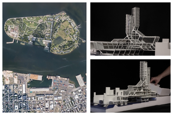 The site map highlights the project's symmetrical positioning between Governors Island and Red Hook—linking a food desert to a regenerative civic system. On the right, physical model studies reveal the tectonic expression and infrastructural depth of the surge wall, conservatory, and elevated framework.
