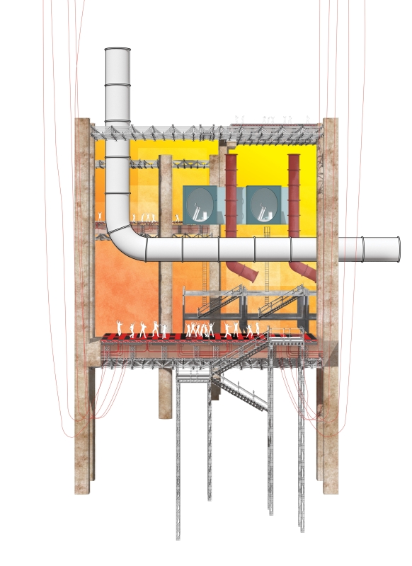 People are dancing on an elevated dance floor underground with pipes connected to the above ground. 