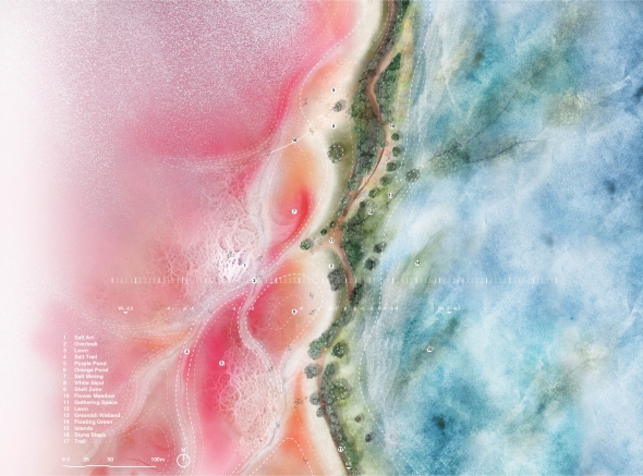 The land bridge will divide the Lac Rose, which achieves a balance between pink and green. Therefore, the salt mining industry, tourism, and local life can co-exist.