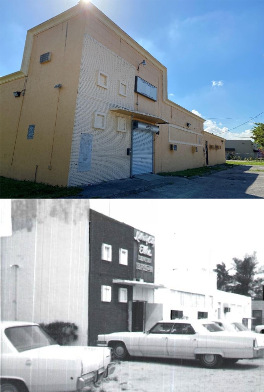 Main entry of the Liberty City Elks Lodge. Top, 2021; bottom, ca. 1956 (source: Preliminary Designation Report for the Liberty City Elks Lodge).