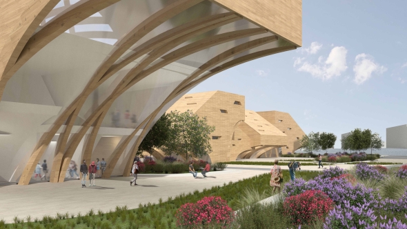 Interior and exterior public interaction under the cantilever.